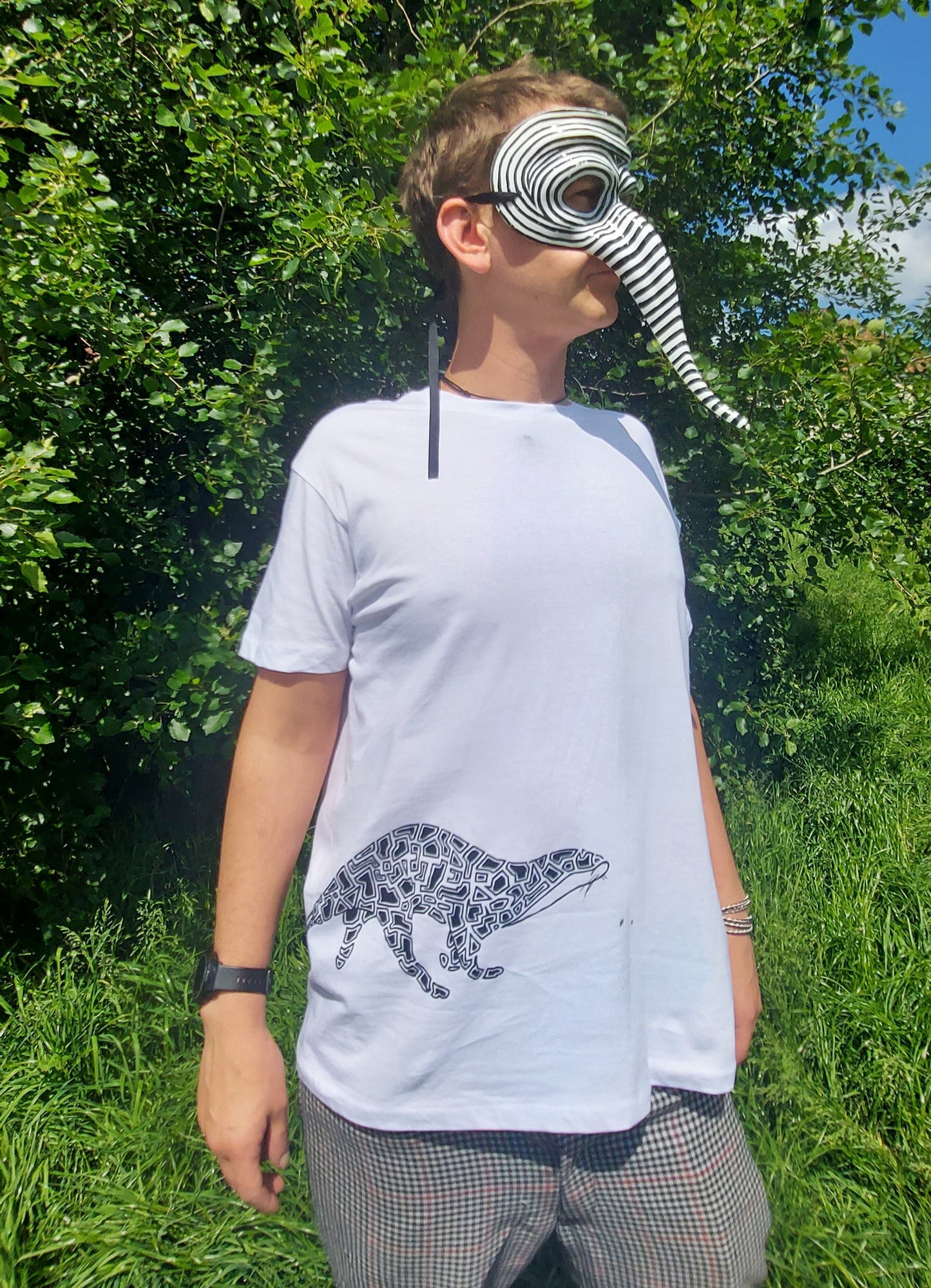 Patterned OTTER with hidden word - White T-shirt Tee - Unisex Organic Cotton Clothing