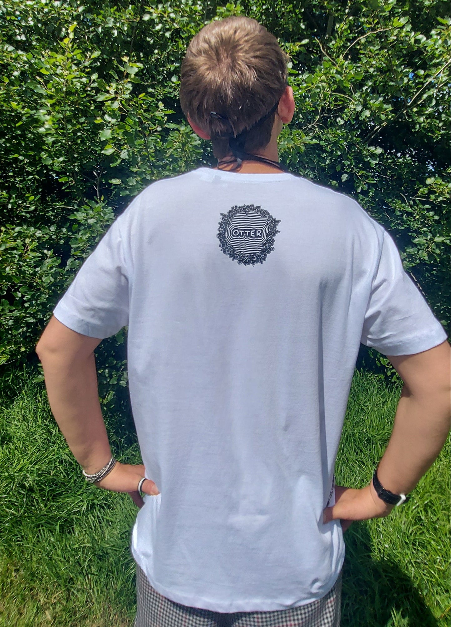 Patterned OTTER with hidden word - White T-shirt Tee - Unisex Organic Cotton Clothing
