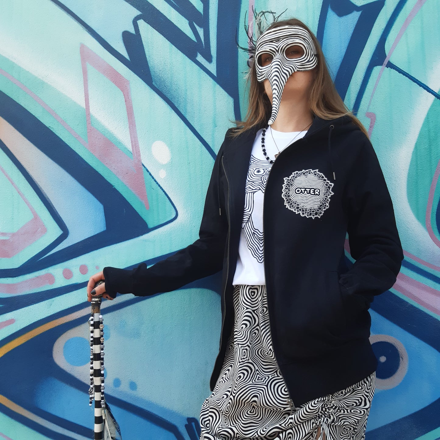 Warm, Comfortable OTTER in a Tophat - Black Zip Up Hoodie - Unisex Organic Cotton Clothing