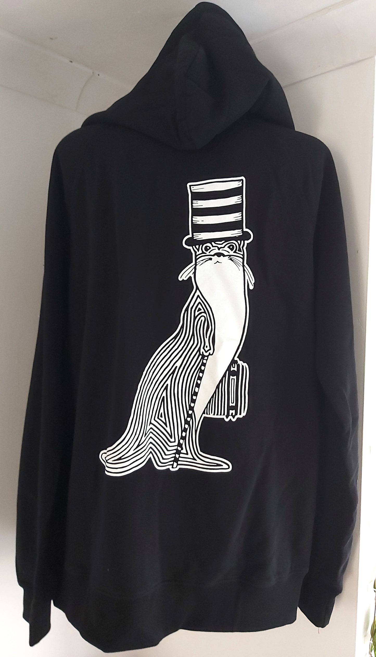 Warm, Comfortable OTTER in a Tophat - Black Zip Up Hoodie - Unisex Organic Cotton Clothing