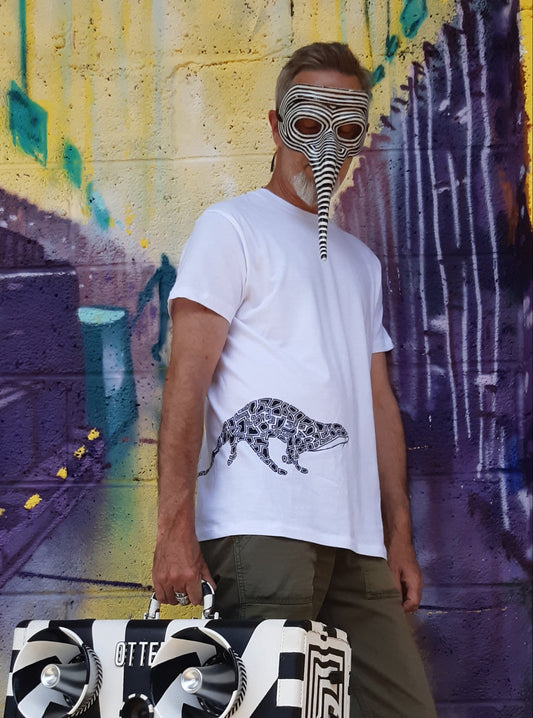 Patterned OTTER with hidden word - White T-shirt Tee - Unisex Organic Cotton Clothing
