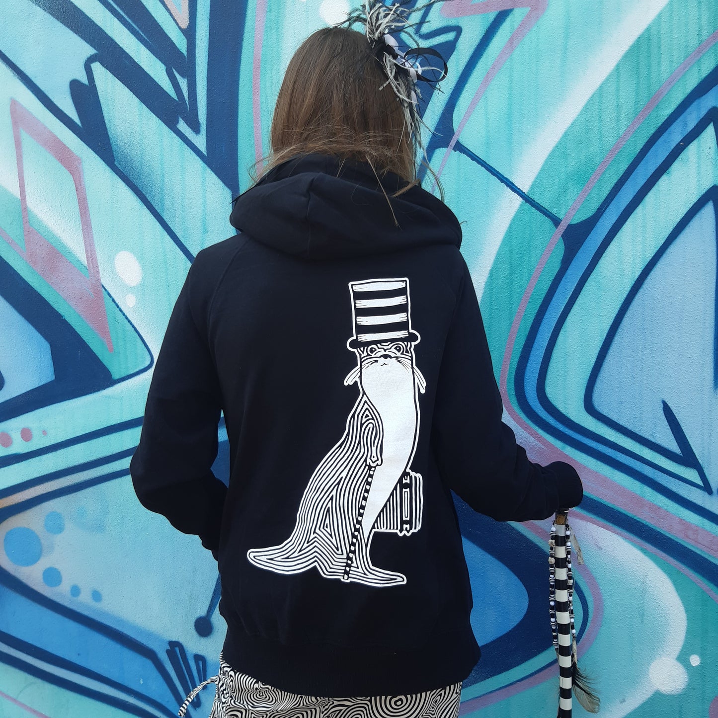 Warm, Comfortable OTTER in a Tophat - Black Zip Up Hoodie - Unisex Organic Cotton Clothing