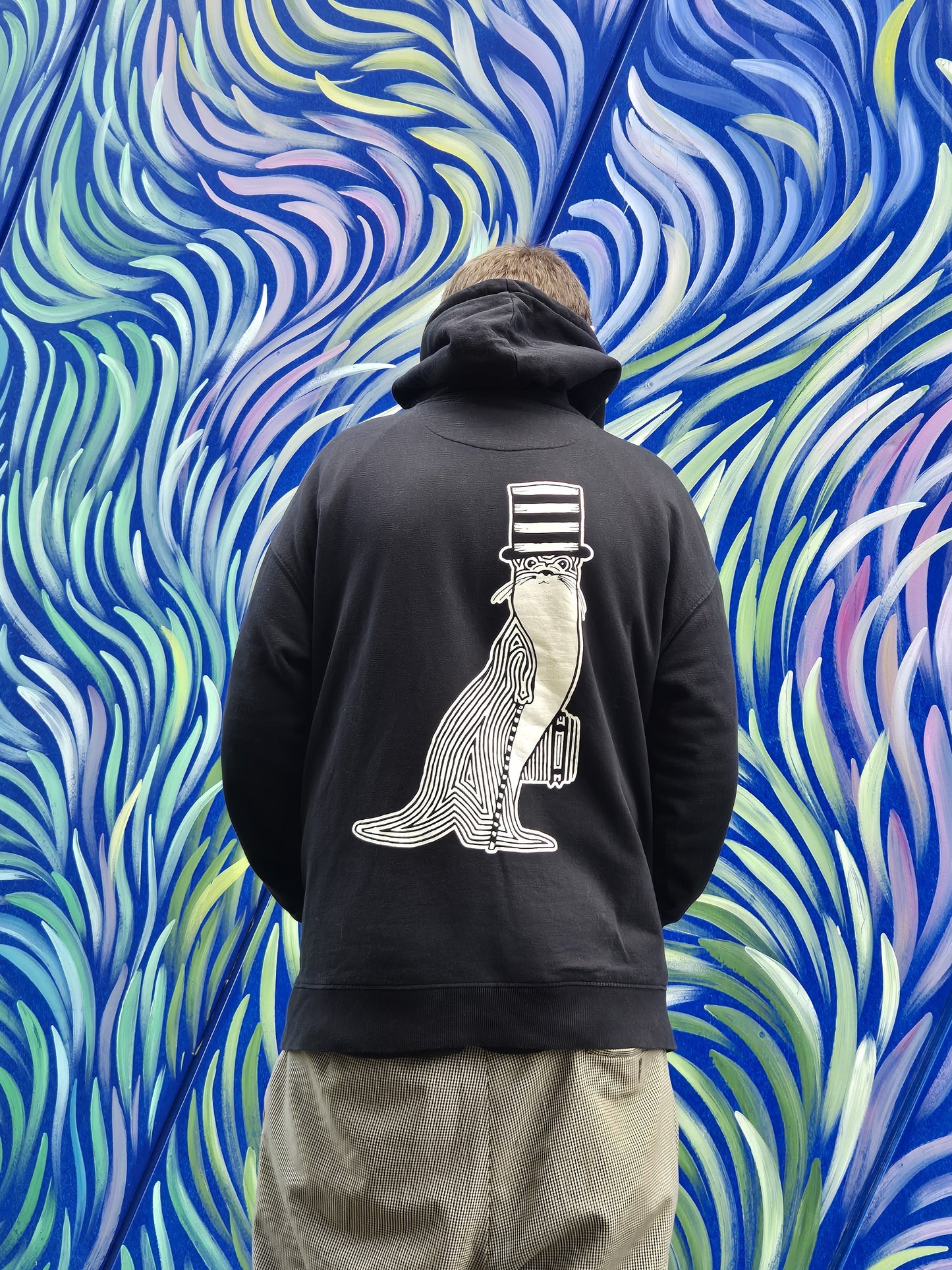LIMITED EDITION!!! Warm, Comfortable OTTER in a Tophat - Black Pullover Hoodie - Unisex Organic Cotton Clothing
