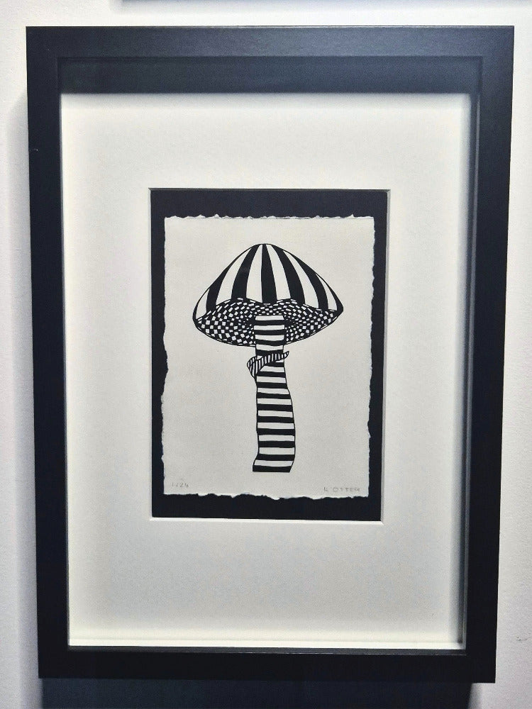 A6 Death Cap mushroom print in black A4 Frame with black and white mounts. Drawn by Kate OTTER