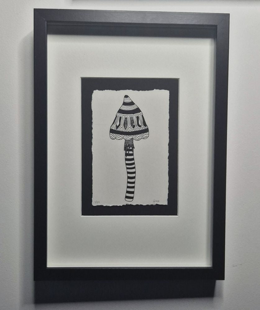 A6  Liberty Cap Magic Mushroom print in black A4 frame with black and white mounting 