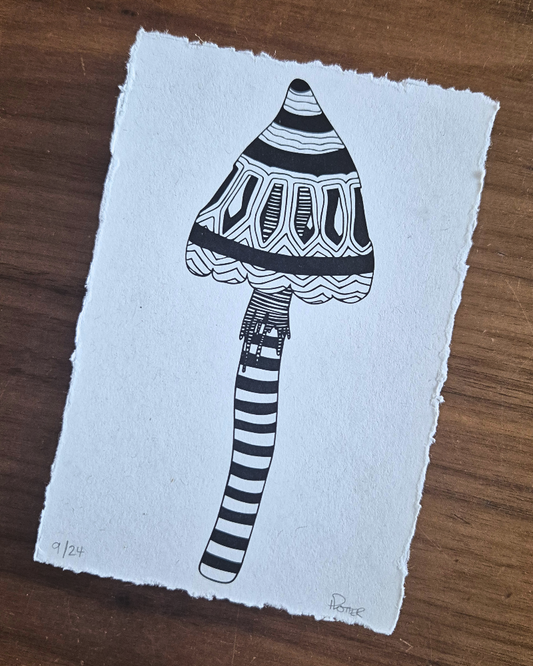 Black and white striped Liberty Cap Magic Mushroom illustration on Recycled Eco-friendly paper